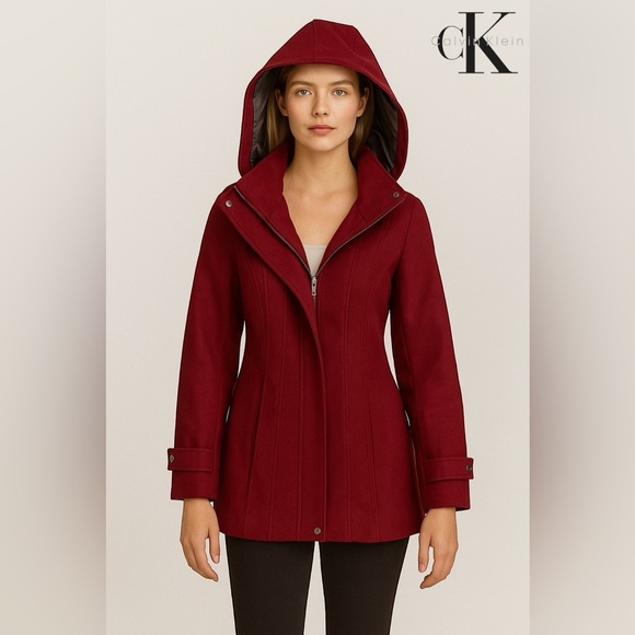 Calvin Klein Women's Wool Blend Burgundy Hooded Coat - Picture 1 of 10